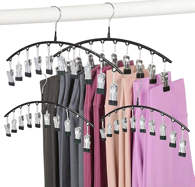 Legging Hangers for Closet Organizer, Hat Hangers for Closet 4 Pack with 10 Clips Holds 20 Leggings, Legging Hanger, Pants Storage Organizer Suitable for Socks, Panties, Underwear, Pants (4-Black)