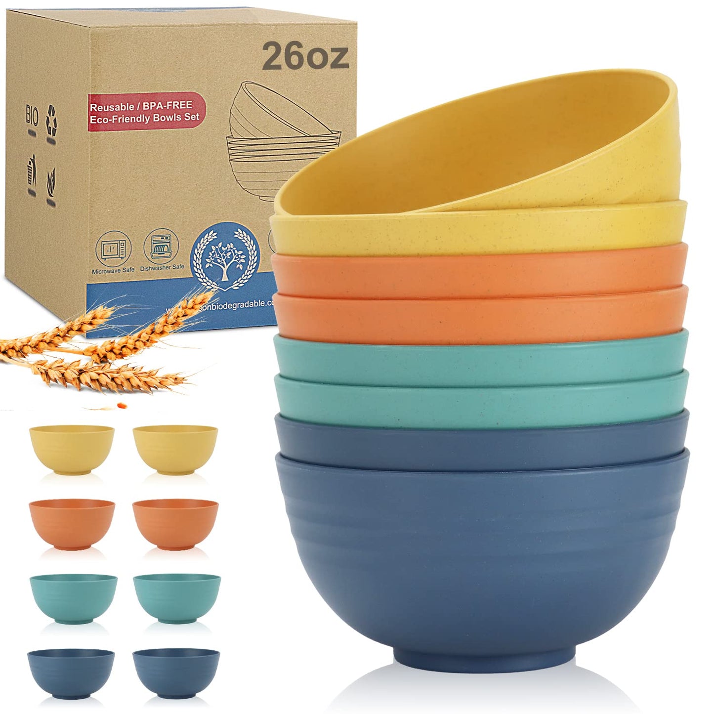 Wrova wheat straw small bowls 10oz set of 8 - Unbreakable Dessert Bowls for kids - Mini Bowl Sets for Ice Cream,Snack and Fruits - Microwave & Dishwasher Safe Appetizer Bowls (Deep Grey)