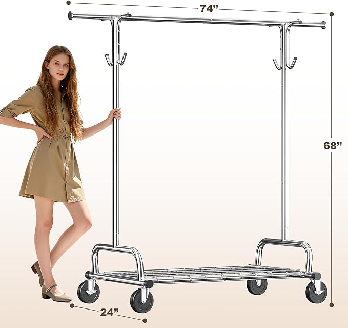 Raybee Heavy Duty Clothes Rack Load 485LBS, 74''W Clothing Rack with Mesh Shelf, Rolling Garment Rack with Adjustable Rail & Lockable Wheels for Bedroom, Laundry Room,Commercial