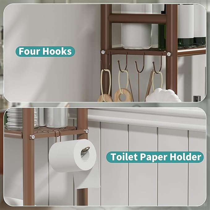 3-Tier Over The Toilet Storage with Paper Holder, Metal Bathroom Organizers and Storage for Small Space, Freestanding Bathroom Shelves with 4 Hooks, Above The Toilet Storage Shelf (Bronze)