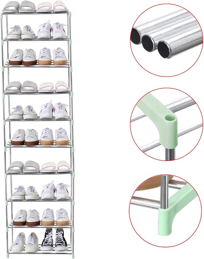 Stackable Small Shoe Rack, Entryway, Hallway and Closet Space Saving Storage and Organization (10-Tier, Green)