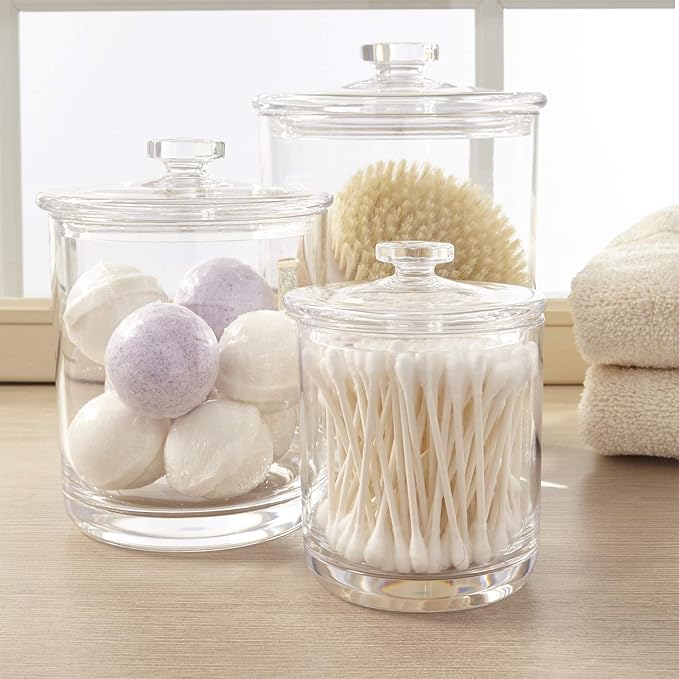 STORi 3-Pack Premium Quality Clear Plastic Qtip and Cotton Ball Holders, 15-oz, 30-oz, and 60-oz Apothecary Jars with Lids, Perfect Containers for Bathroom and Vanity, Set of 3