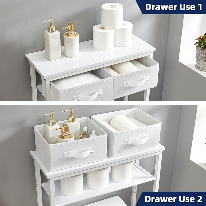 MOHOPE 2-Tier Over The Toilet Storage with 2 Fabric Drawers, Freestanding Above The Toilet Storage Cabinet, Space Saver Metal Over Toilet Bathroom Organizer Shelf for Small Space, White