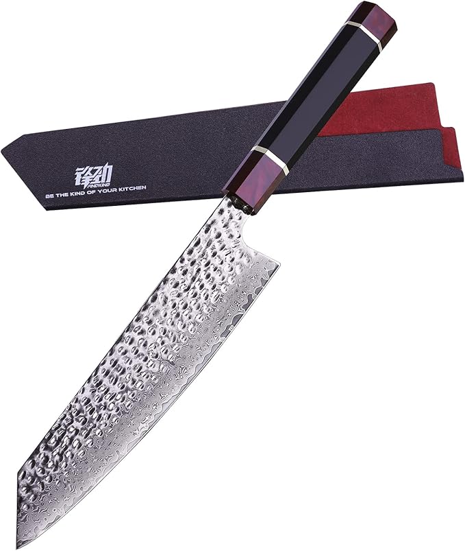 FINDKING Eternity Series Japanese Chef Knife with ABS sheath, Professional Kitchen Knife, 9Cr18MoV Damascus Steel Blade, Resin Octagonal Handle, Sharp, for Meat Cutting, 8 Inches