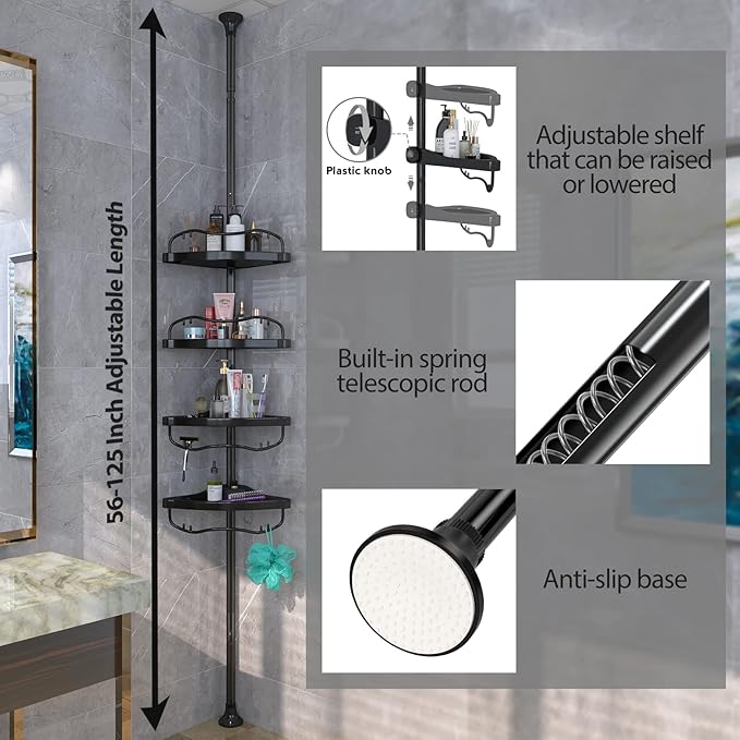 Shower Caddy,Shower Caddy Tension Pole with 4 ABS Baskets,Shower Storage Shelf with 56 to 125 Inch Adjustable Stainless Pole for Bathroom Black
