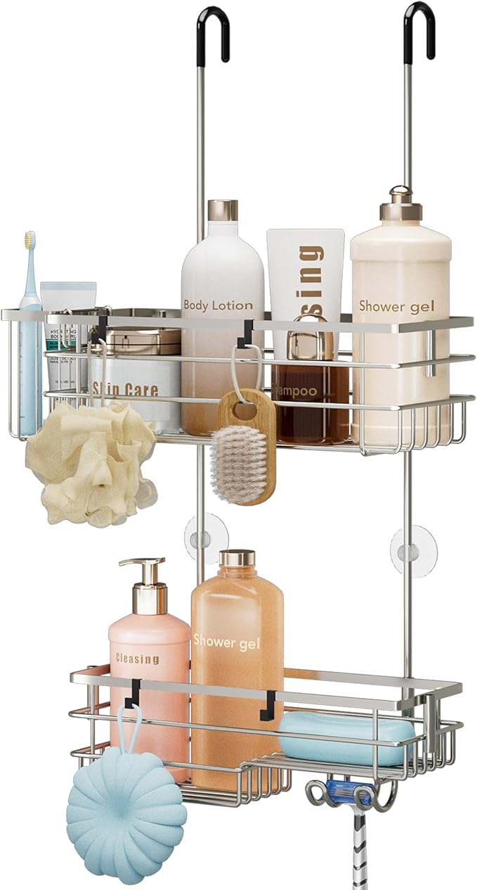 HapiRm Hanging Shower Caddy Organizer - No Drilling Shower Shelves with Hooks and Toothbrush Holder, Rustproof 304 Stainless Steel Bathroom Organizer - Brushed Nickel