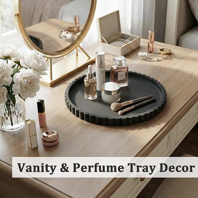 Silicone Bathroom Countertop and Vanity Tray, Round Silicone Bathroom Tray, Modern Bathroom Decor, Coffee Table Decor, Decorative Tray for Candle, Perfume, Plants (Black, 9 inch)