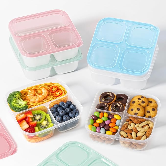 Canfanni 6 Pcs Snack Box Container Set, Reusable 3&4 Compartment Meal Prep Snack Containers for Adults Kids Toddler, BPA-Free Divided Lunchable Container for School, Work and Travel (5 Color)