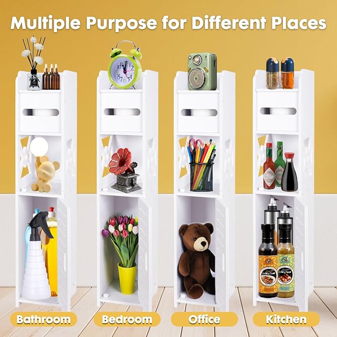 ShellKingdom Toilet Paper Holder Stand, Bathroom Storage Cabinet with Doors and Shelves, Slim Storage Cabinet for Bathroom Small Spaces Corner Floor Organizer - (White)