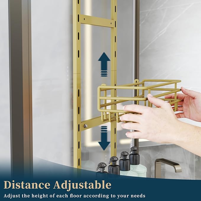 Consumest Over The Door Shower Caddy - 5 Tier Adjustable Shower Organizer Hanging with 2 Toothbrush Holders & 4 Hooks, Rustproof Organizer Shelf, Storage Rack for Bathroom, Gold