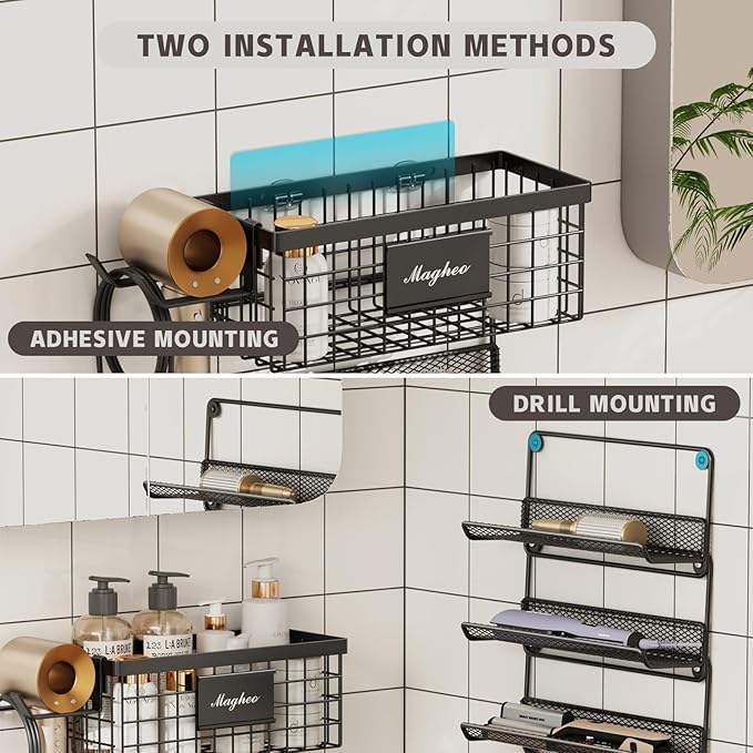 Hair Dryer Holder Wall Mounted, Adheisve Hair Styling Tool Organizer for hair Brush/Appliance Wall Mount with 5 Tier Shelf Basket Hooks Blow Dryer and Straightener Holder for Bathroom(Black)