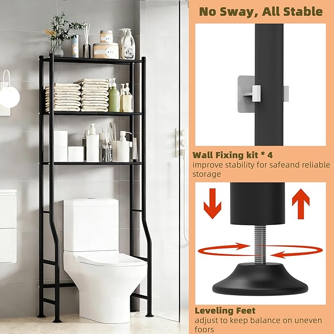 3-Tier Over The Toilet Storage Rack, Space Saver Metal Bathroom Shelves, Freestanding Over Toilet Bathroom Organizer for Bathroom/Living Room, Black