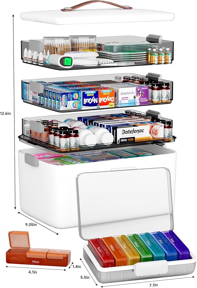 CTIME 4-Tier XL Medicine Organizer with Leather Handle - Portable Pill Case & Empty First Aid Kit for Home, Travel, RV, School, Dorm | Ideal Elderly Gift