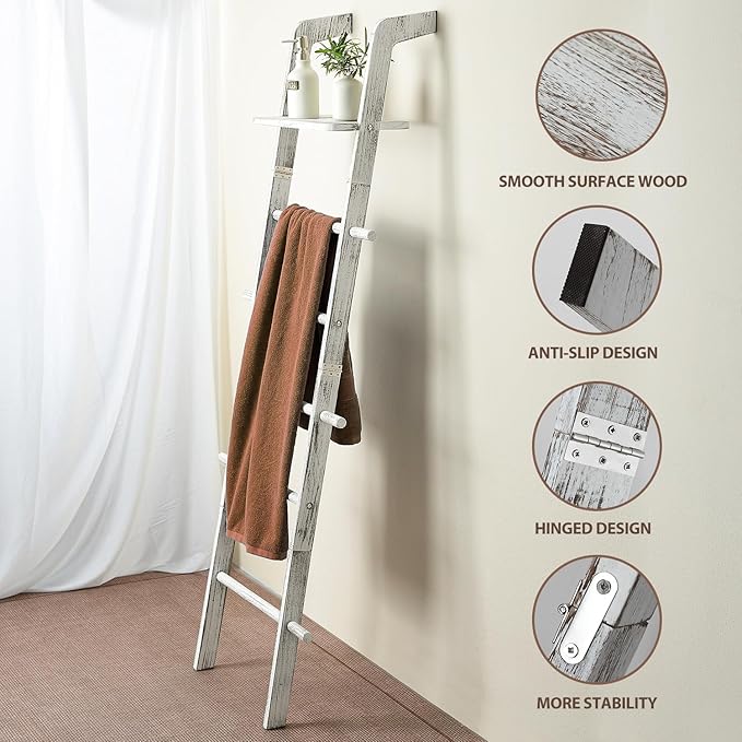 Taozun 67-Inch Farmhouse Blanket Ladder with Shelf and Hooks, 5-Tier Wooden Wall Leaning Towel Quilt Rack Holder for Living Room Decor