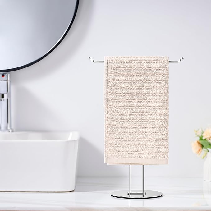 T-Shaped Hand Towel Holder Stand – Countertop Stainless Steel Towel Rack with Non-Slip Base for Bathroom, Kitchen, Vanity, Silver