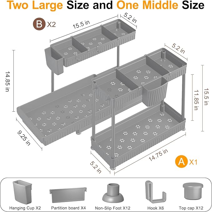 3 Pack Multi-Purpose Under Sink Organizers and Storage, 2026 L-Shaped Pull Out Cabinet Organizer for Bathroom & Kitchen, Under Cabinet Organizer with Hooks Hanging Cup, Grey, 14.85 inch