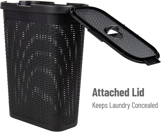 Mind Reader Slim Laundry Hamper with Lid, 40L Clothes Basket, Premium Wicker Design, Plastic, Set of 2, Black