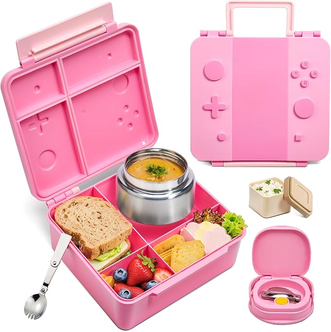 FAJSL Game Bento Box for Kids, Lunch Box with Thermo(9oz Food Jar), Folding Spoon, Removable Divider & Sauce Cup, Lunch Box Kids for School,Travel, BPA-Free & Realistic Shape(Grey)