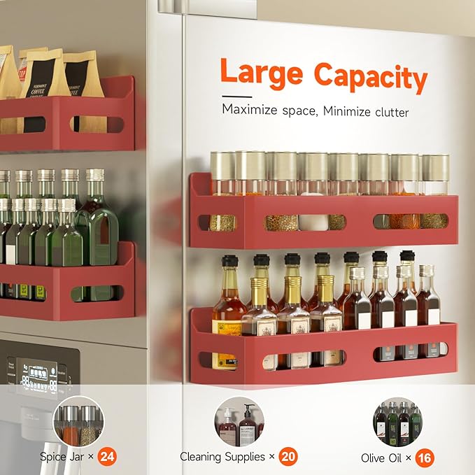 4 Pack Strong Magnetic Spice Rack for Refrigerator, Multipurpose Magnetic Shelf for Fridge with 4 Hooks for kitchen and Bathroom Organization, Red