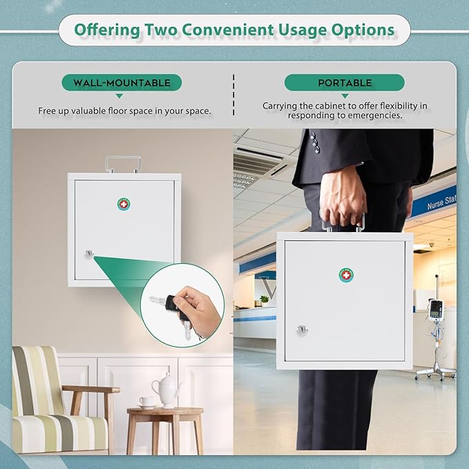 KYODOLED Locking Medicine Cabinet, Medication Lock Box with Key, Wall Mount Medical Cabinet for Safe Medication Storage, 10 * 4.7 * 10 Inch, White