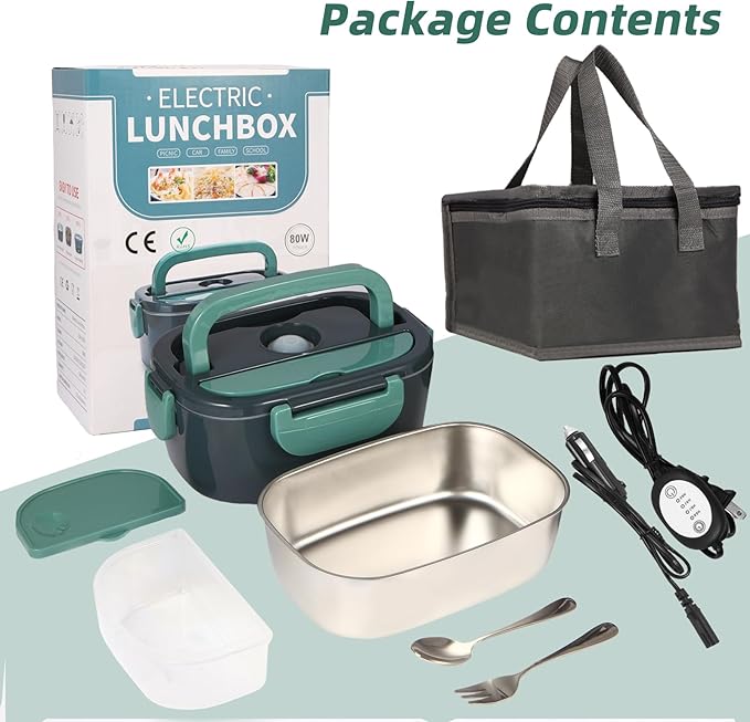 Heated Lunch Box with Heating Time Controller, Automatic Heat Preservation 110V Electric Lunch Box for Home/Office, Portable Food Warmer 12V/24V for Car/Truck with 80W Self Heating