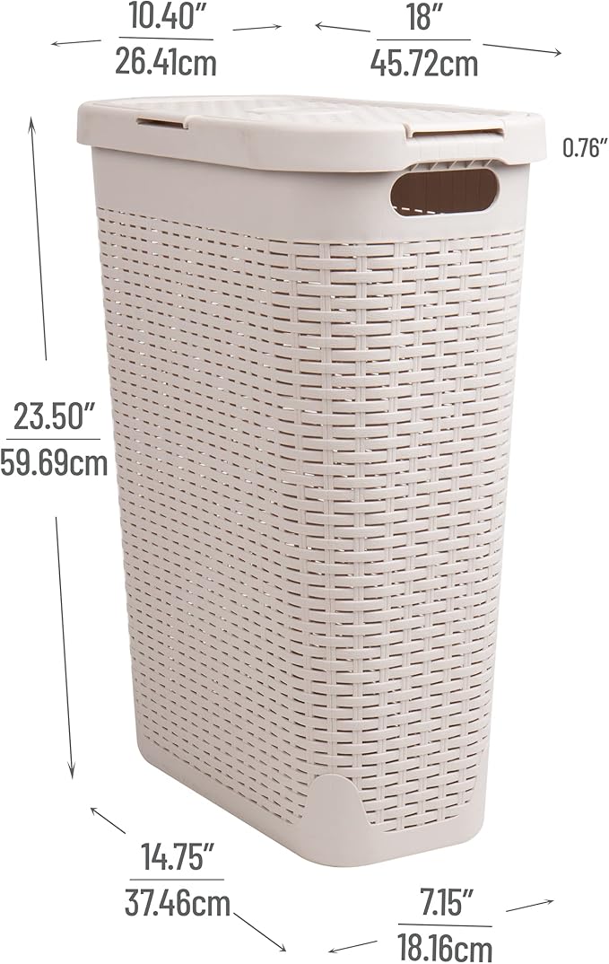 Mind Reader Slim Laundry Hamper with Lid, 40L Clothes Basket, Premium Wicker Design, Plastic, Ivory