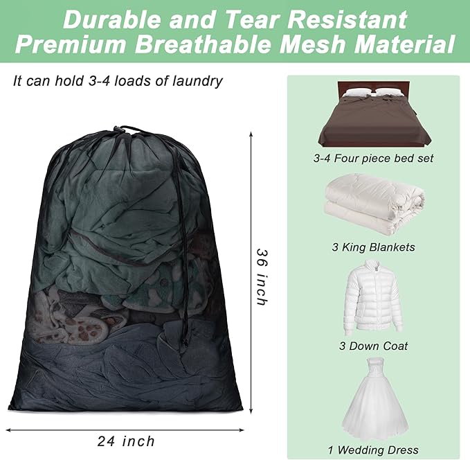 2 Pack Mesh XL Laundry Bags,Machine Washable Dirty Clothes Organizer with Drawstring and ID Tag, Large Laundry Hamper Liner Enough to Laundry Essentials for Travel, Sports(24"x 36",White)