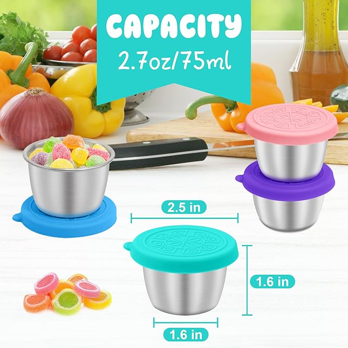 6x2.7 oz Salad Dressing Container to Go, Leakproof Reusable Stainless Steel small container with lid,Sauce Containers for Lunch box,Picnics,Travel,Office and Meal Prep