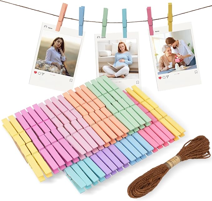 Colored Clothes Pins 72 Pack, Natural Wood 2.9 Inch, 9 Pastel Colors Cheer Pins for Hanging Clothes, Clothespins, Photo Clips with Rope, Hand Craft DIY Pins