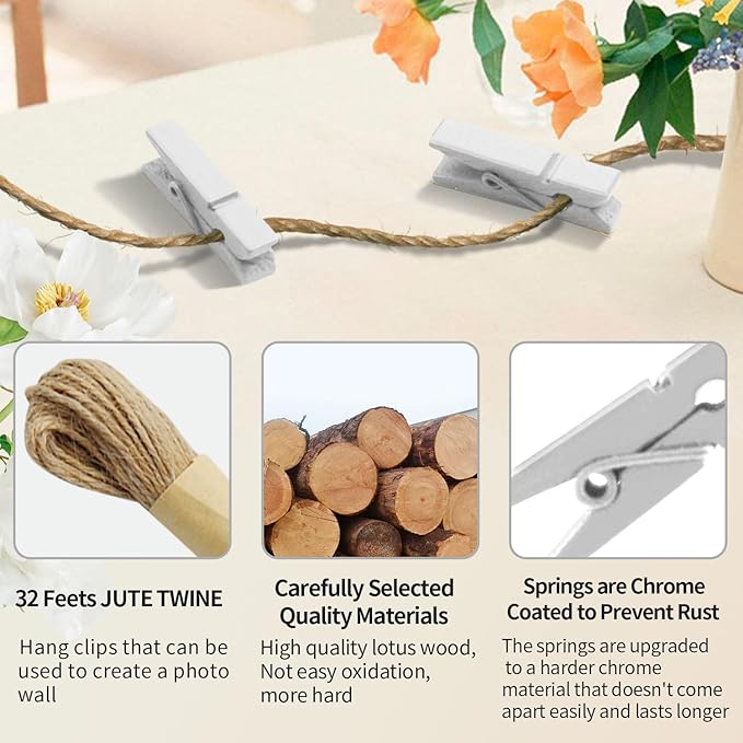 1.35 Inch Mini Clothes Pins for Photo100 Pcs with 32 Feet Jute Twine, Mini Clothes Pins for Crafts, Wooden Small Clothespins for Pictures, Tiny Decorative Clothespins for Baby Shower (White)