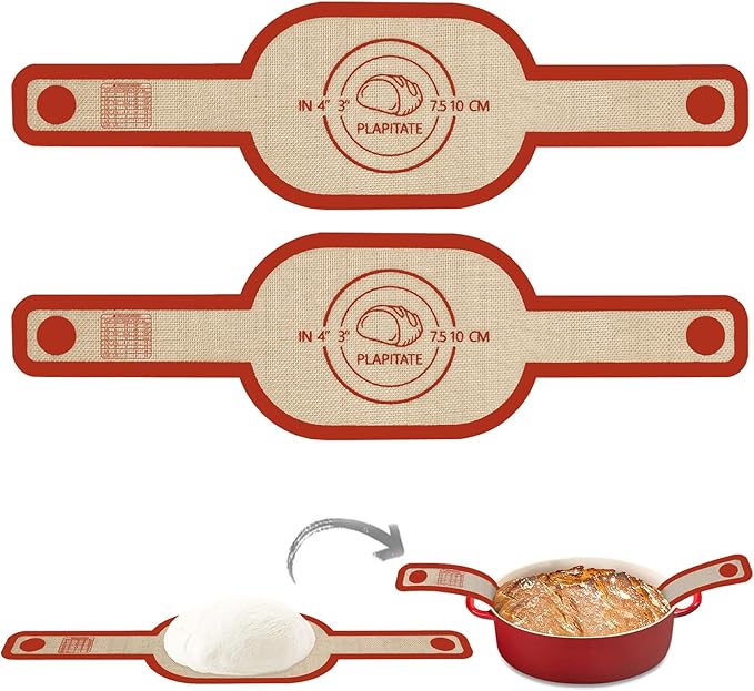 PLAPITATE Silicone Bread Sling for Dutch Oven Liner, 2 Pack Non-Stick, Easy Clean Reusable Silicone Baking Mat with Long Handles, Easy to Transfer Sourdough Bread, Red