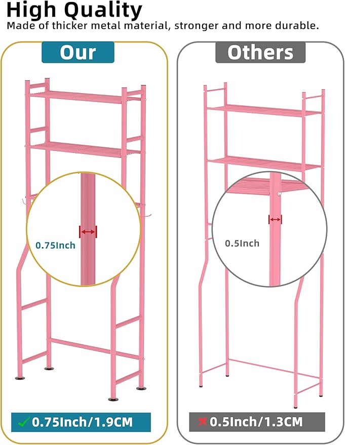 3-Tier Over The Toilet Storage, Freestanding Metal Bathroom Shelves with 4 Hooks, Over Toilet Storage Shelf with Paper Holder, Above The Toilet Shelf for Bathroom Storage, Pink