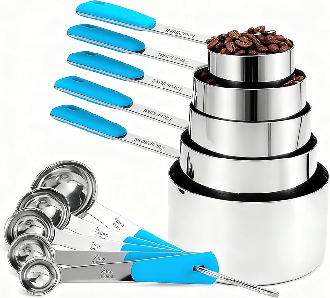 Bopei Measuring Cups and Spoons Set Stainless Steel 10 Piece for Cooking and Baking (5 Cups + 5 Spoons, Colorful Handles)