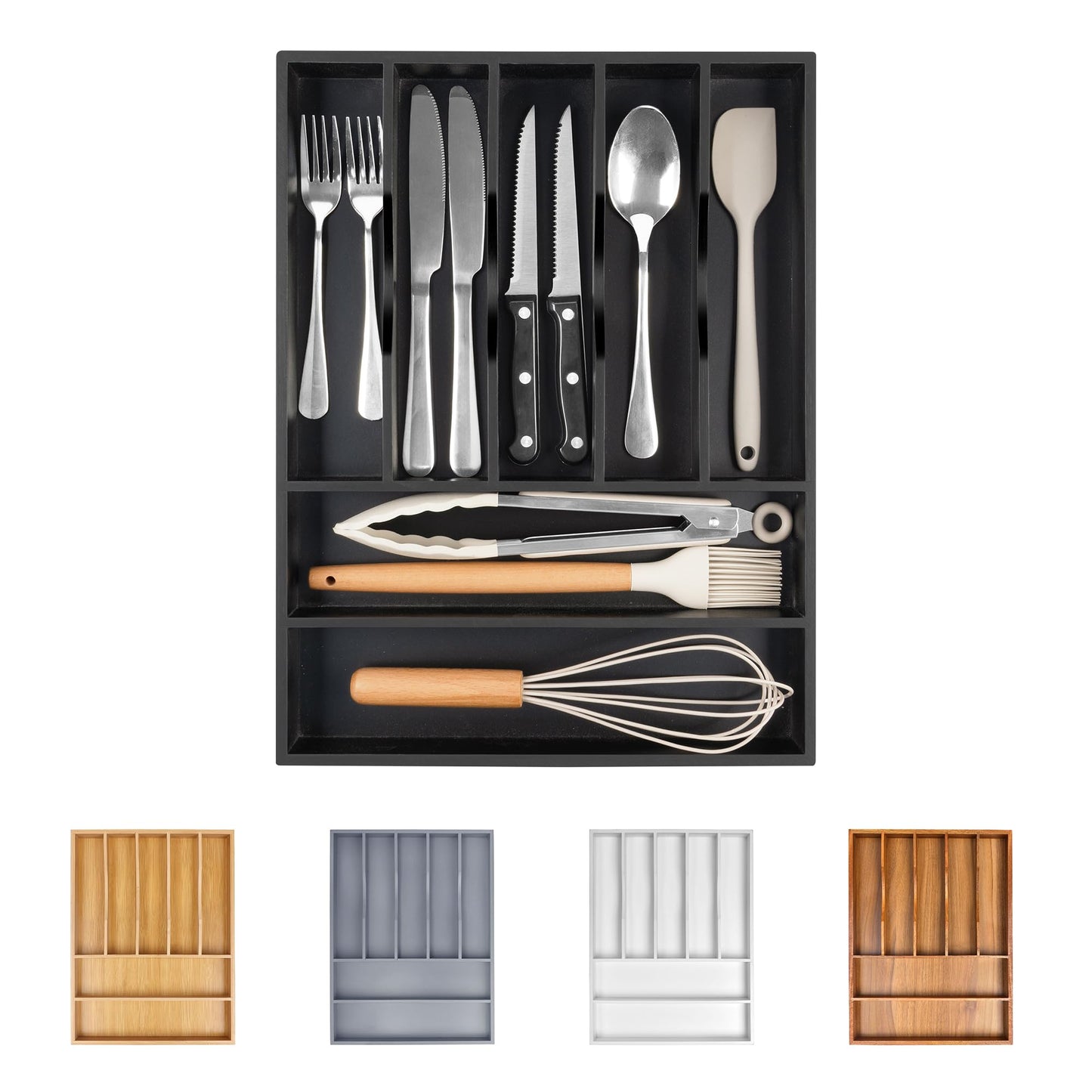 Bellsal Large Premium Acacia Wood Silverware Organizer - Expandable Utensil Drawer Organizer - 17"x19.6" Utensil Holder and Cutlery Tray with Grooved for Kitchen Flatware Utensils(7-9 Slot, Acacia)