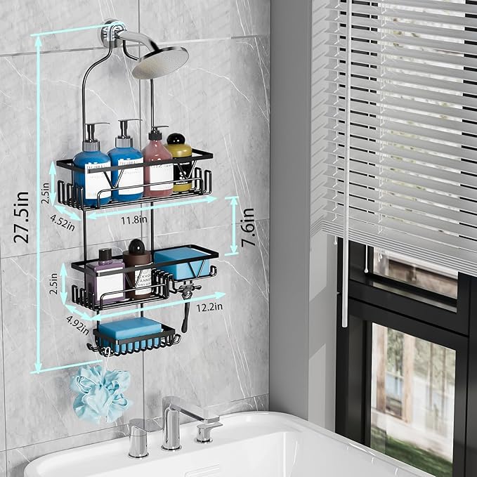 Over the Shower Head Caddy with 2 Baskets & Soap Holder, Non-Slip Design for 0.82-Inch Showers, Black, Stainless Steel