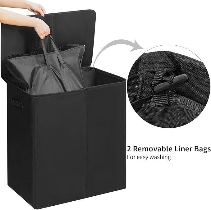 WOWLIVE 180L Double Laundry Hamper with Lid and Removable Laundry Bags, Large Dirty Clothes Hamper 2 section Collapsible Laundry Basket Dorm Room Storage for Bedroom, Bathroom, College,Black