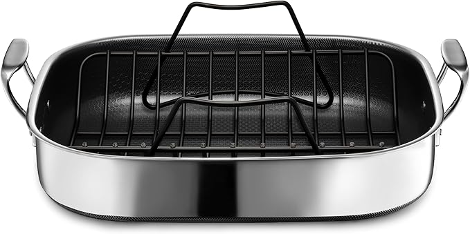 HexClad Hybrid 17 x 14 Inch Rectangular Nonstick Roasting Pan with Rack