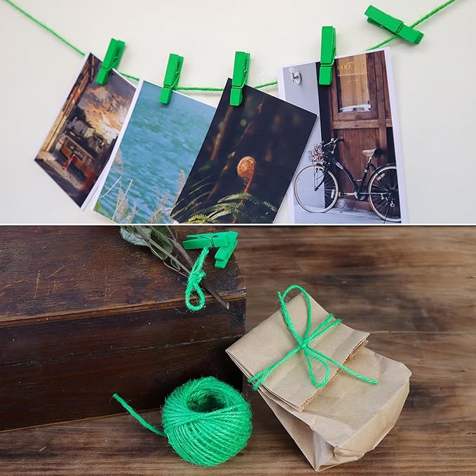 HSTECH 100 Pcs Green Mini Natural Wooden Clothespins and 82 Ft Jute Twine, Baby Clothes Pins, 1.38in Craft Photo Clips for Home School Arts Crafts Decor, DIY Decoration's, Arts and Crafts, Weddings