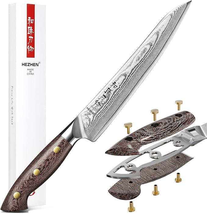 HEZHEN 8.3'' Damascus Chef Knife with Sheath – 67 Layers Damascus Steel, Ultra Sharp Professional Kitchen Knife for Home Cooking, Ergonomic Micarta Handle