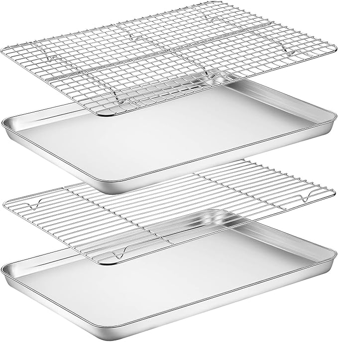 Baking Sheet with Cooling Rack Set of 4, Stainless Steel Cookie Sheet Pan