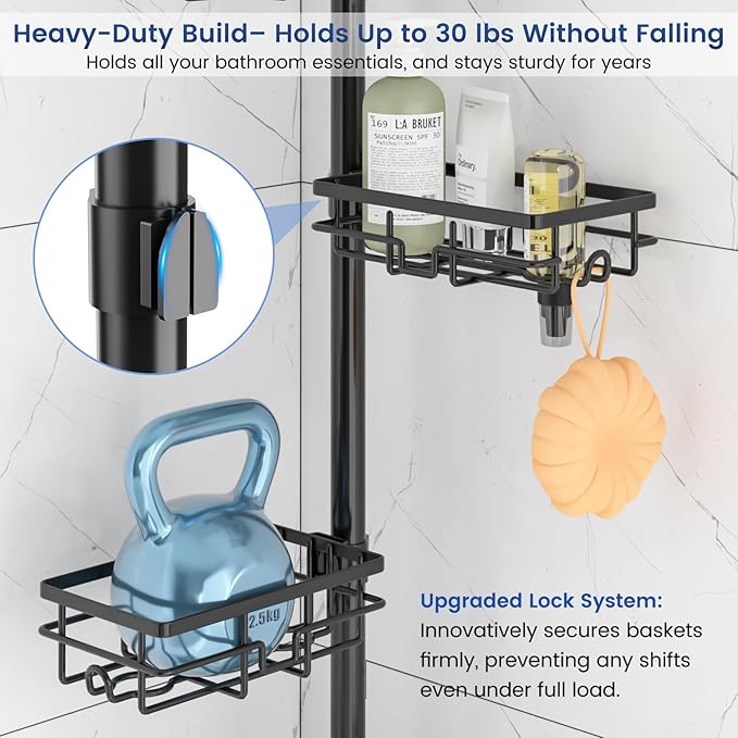 Corner Shower Caddy Organizer Tension Pole, Adjustable 6 Shower Shelves Corner Shelf 30-120Inch Rustproof Shower Rack for Inside Shower, Extra Towel Bar Soap Dish Bathroom Organizers and Storage Black