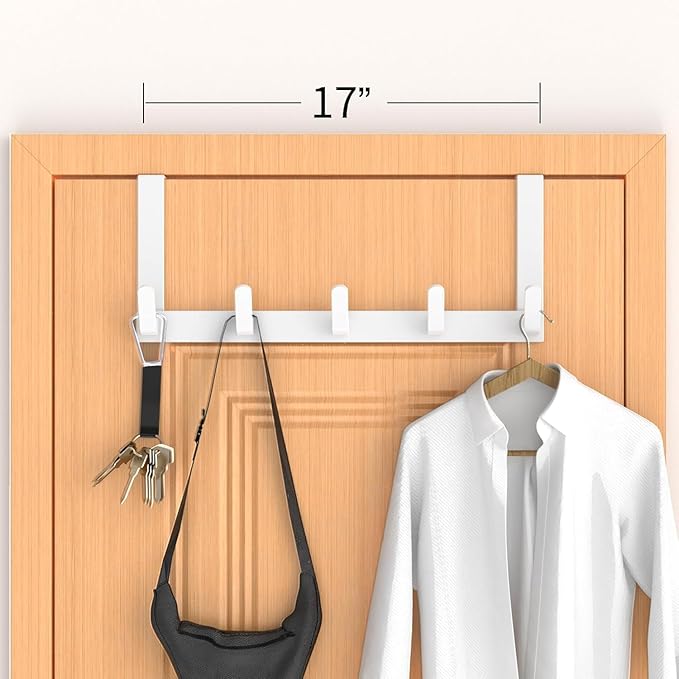 Over The Door Hooks Hanger with Extended Arms, Fits 1 3/8" Doors, L7U - Coat Rack, Bathroom Accessories and Towel Organizer Holder for Coat Robe Hat - 1 Pack, Glossy White
