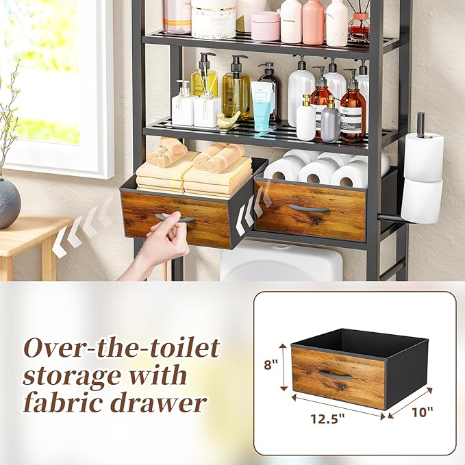 Simple Trending 4 Tier Over The Toilet Storage with Drawers, Heavy Duty Bathroom Stand Organizer Metal Shelves for Laundry, Black