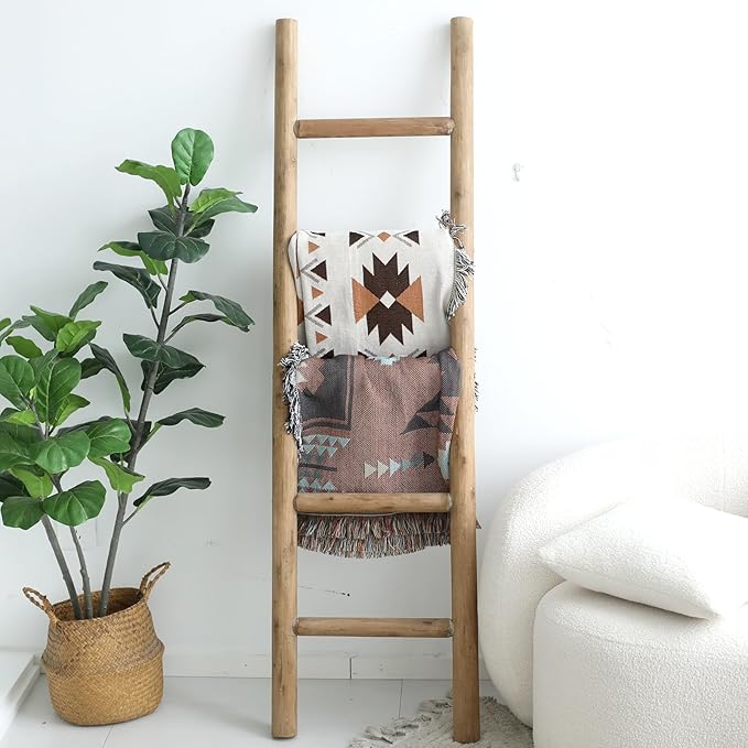 FUIN 57in Wood Blanket Ladder Living Room Decorative Wall Leaning Farmhouse Quilt Display Holder Rustic Wooden Towel Rack for Bathroom, Brown