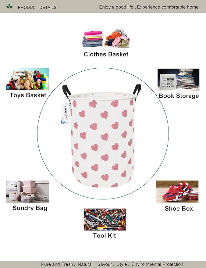 Round waterproof laundry basket,foldable storage basket,laundry Hampers with handle,gift basket,suitable for children's room and toy storage (Pink Hearts)