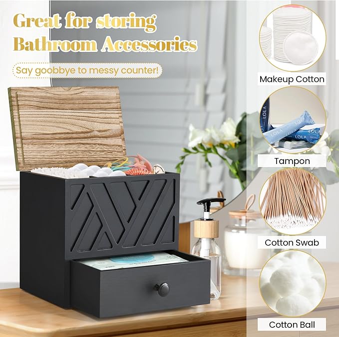 Tampon Holder for Bathroom Decor, Feminine Product Organizer with Lid and Drawer, Shark Week Tampon Storage, Wood Pad and Tampon Organizer for Toilet Organizer, Bathroom Accessories Box for Girl Stuff