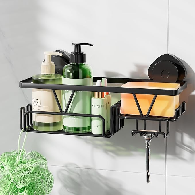 KEGII Shower Caddy Suction Cup with Soap Holder and Hooks, Removable Suction Bathroom Organizer Shelf, No Drilling Shower Organizer, Stainless Steel Shampoo Holder for Bathroom Storage, Black
