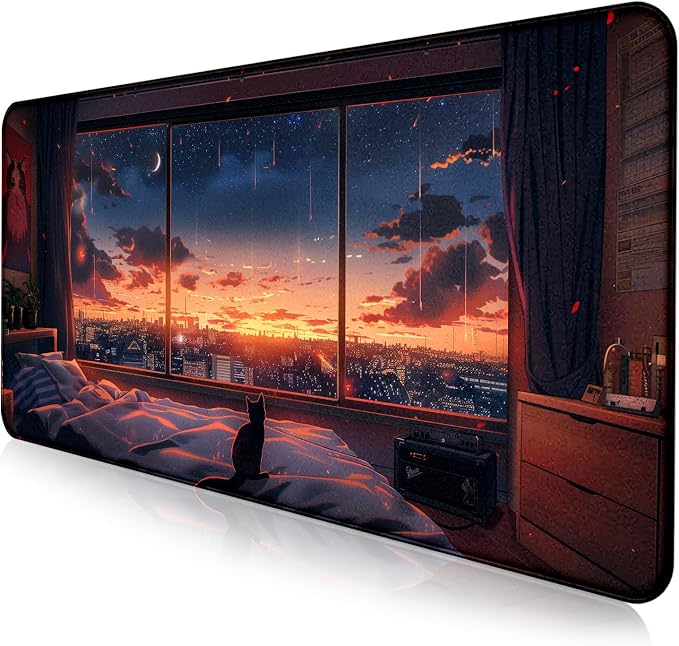 Anime Cat Fantasy Window Mouse Pad, Summer Mouse Pad Large Healing Night Scene