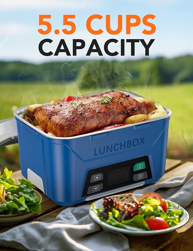 EAST OAK Cordless Electric Lunch Box for Adults, Heated Lunch Box Battery Powered with Automatic Heating, 5.5 Cups Portable Food Warmer with Insulated Carry Bag