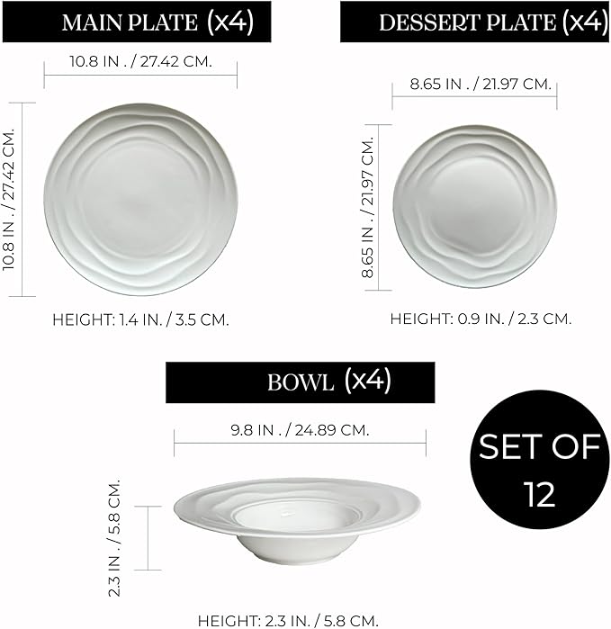Pots & Patterns Organic Wave Dinnerware Set, 12-Piece Nature-Inspired Porcelain Dinner Plates & Bowls Set for 4, Wide Rimmed Pasta Bowls, Modern White Dishes for Hosting, Dishwasher & Microwave Safe
